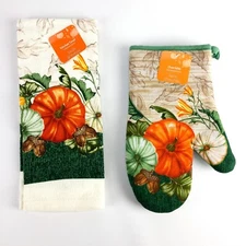 (Set of 2) Kitchen Towel & Oven Mitt Painted Pumkins Autumn Fall Owned New