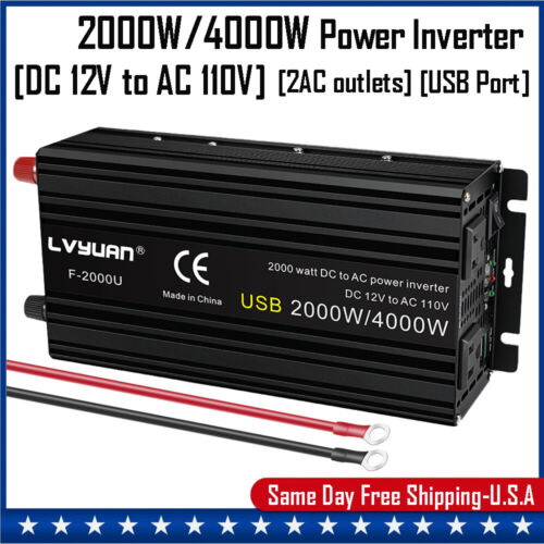2000W/4000W Wechselrichter 12V auf 110V 120V Wandler 2USB 2AC LED Display Camp