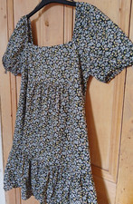 Uniqlo Sz M Square Neck Puff Sleeve High Waisted Floral Mini Dress Tiered A-Line