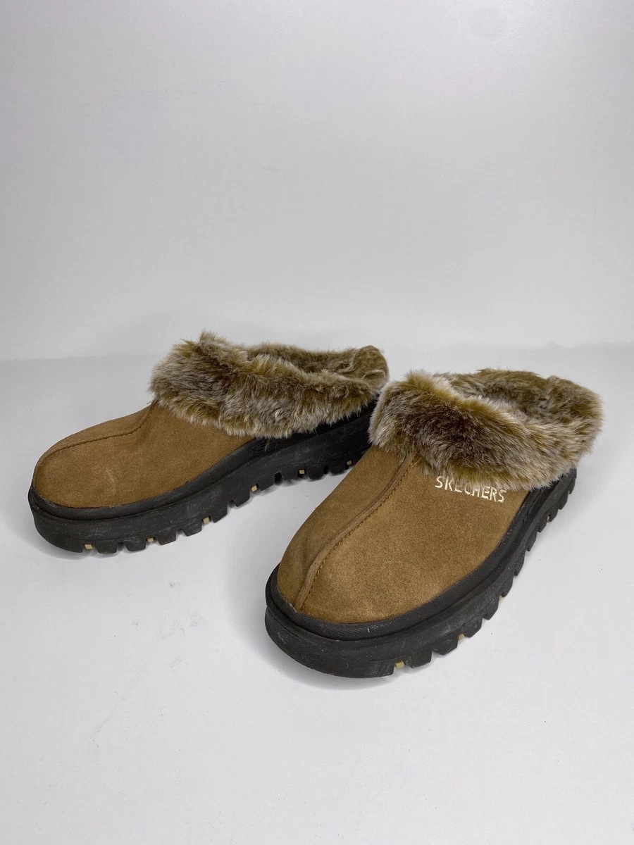 Skechers Clog Size 6 Faux Fur Suede Brown Leather Women s Fortress Clog Slipper