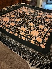 Antique Victorian Embroideried Silk Piano Scarf - Floral Black Peach EXCEPTIONAL