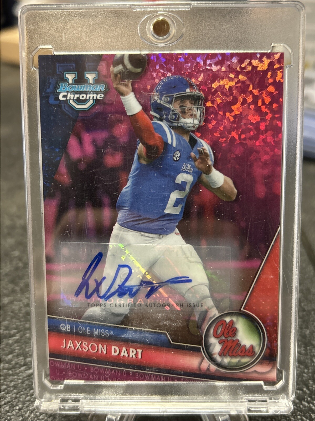 Jaxson Dart 2023 Bowman University Chrome AUTO Mini Diamond Fuschia /150 191
