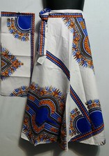 Women Wrap around Long Skirt African Dashiki Print Free Size White blue