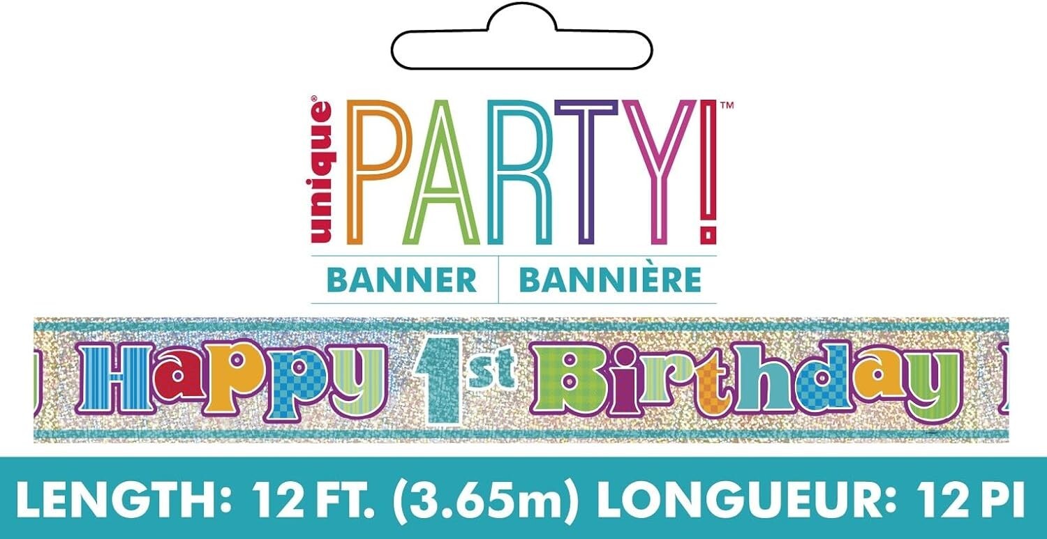 Age 1 Multicoloured Happy 1st Birthday 12ft foil Banner Party Decor Holographic