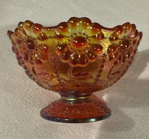Vintage Fenton Peach Orange Opalescent Stemmed Rose Bowl