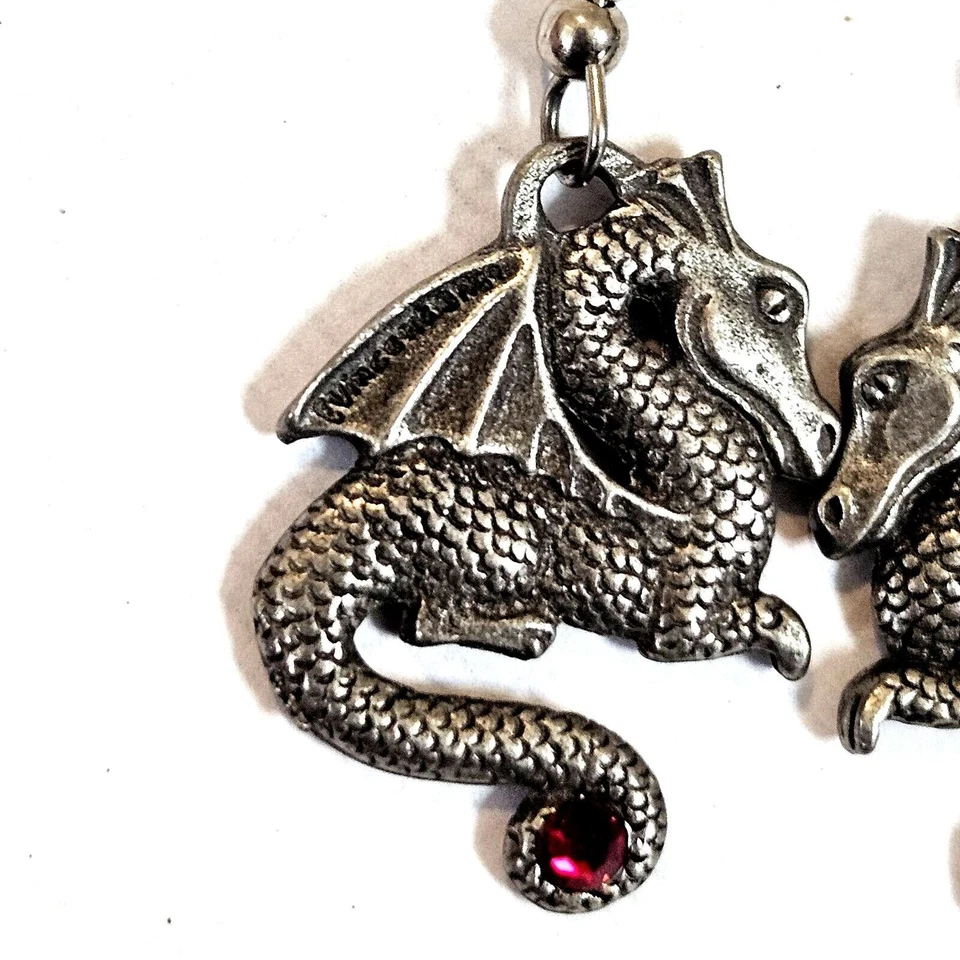 Dragon Silver Tone Pewter Dangle Drop Earrings Red Rhinestone - Image 2 of 3