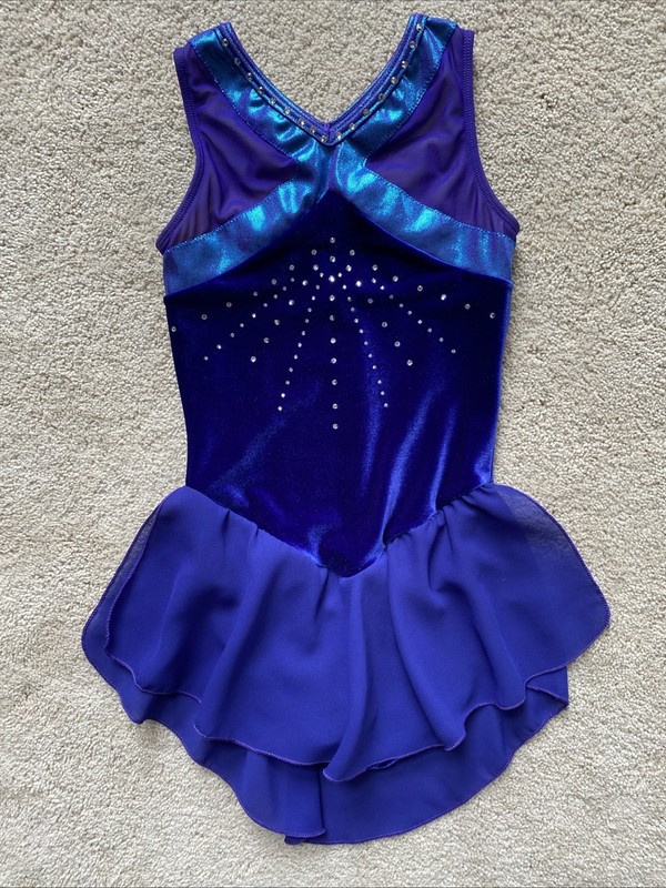 GK Elite Girls Figure Ice Skating Rhythmic Dance Dress Sparkled Blue Purple Sz L