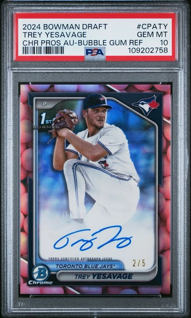 Trey Yesavage 2024 Bowman Chrome Draft 1st Bubblegum Ref Auto /5 PSA 10 Pop 1