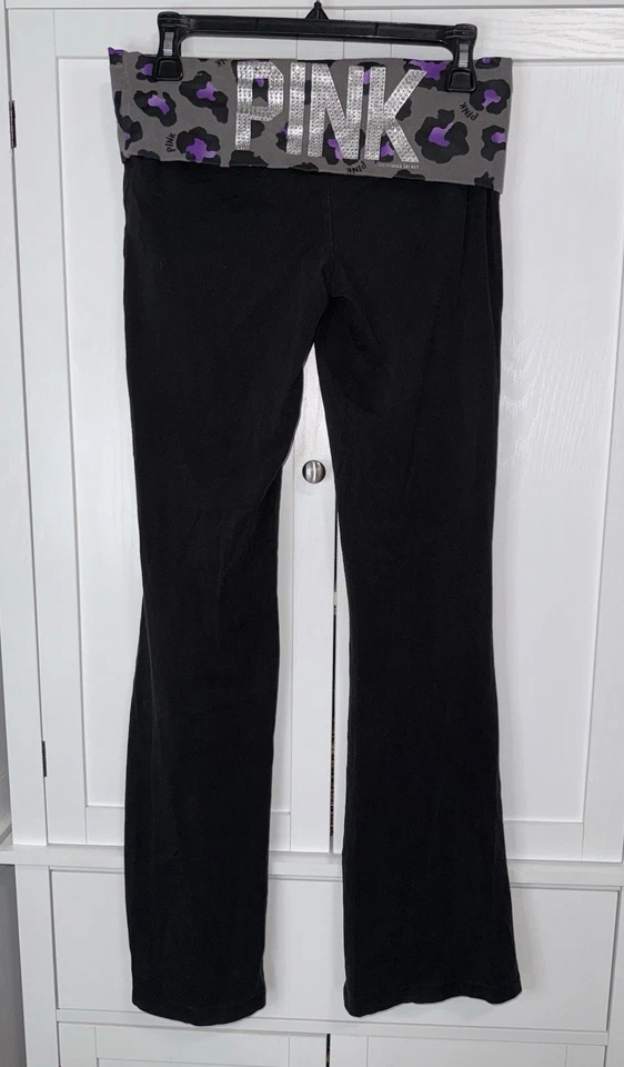 Pantalones de Yoga VS PINK Plegables Acampanados Medianos Estampado de Leopardo Bling Estrás Y2K Foto 4 de 4