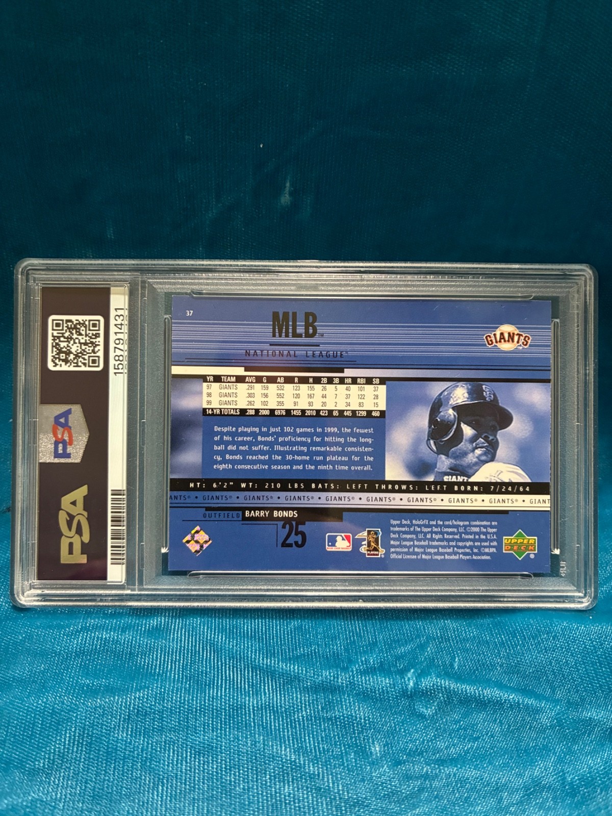 PSA 8 Pop 2 2000 Upper Deck HoloGrFX #37 Barry Bonds Holo Blue San Fran Giants view 2
