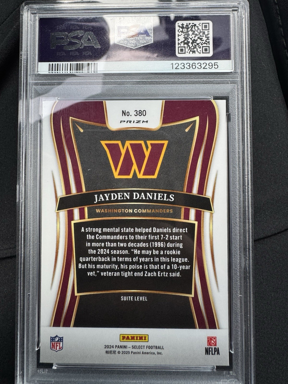 2024 Panini Select Jayden Daniels Suite Level Silver Prizm #380 RC PSA 10 view 2