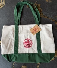 Trader Joe's Large Canvas Tote Reusable Bag 20x14x6" Green/White * NEW *