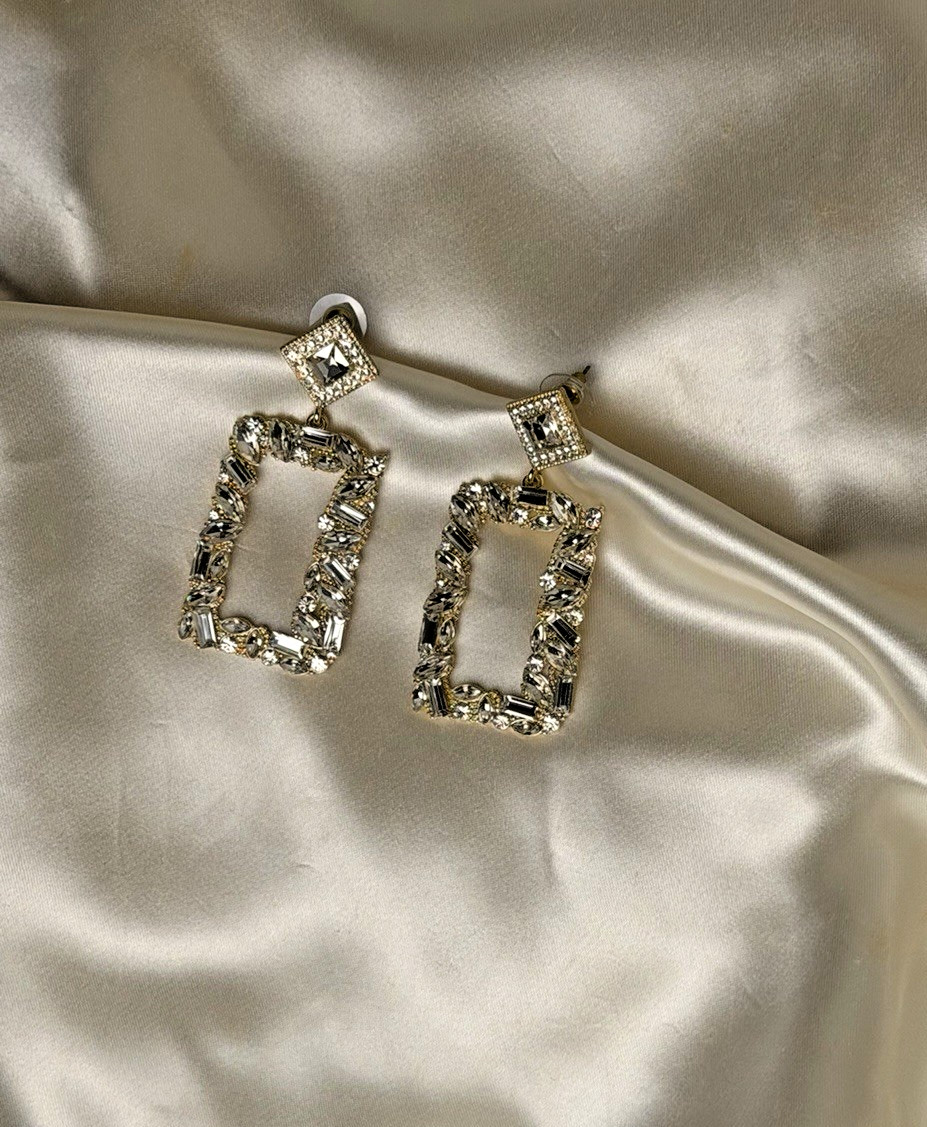 Gold Tone Rectangular Rhinestone Drop Earrings – … - image 9