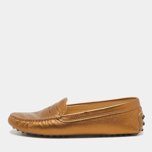 Tods Golden Brown Leather Penny Slip On Loafers Size 38.5