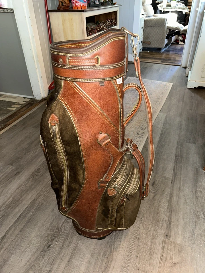 Bolsa de golf Spalding vintage lino marrón hecha en EE. UU. correa de piel seminueva excelente Foto 2 de 4
