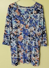 CHICO'S Women  s 3/4 Sleeve V-Neck Tunic Top BLUE/WHT/ORANGE'BLK Size 3 XL 