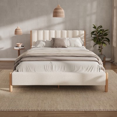 Queen Size Bed Frame with Boucle Upholstered Thick Headboard, Solid Wooden Legs,