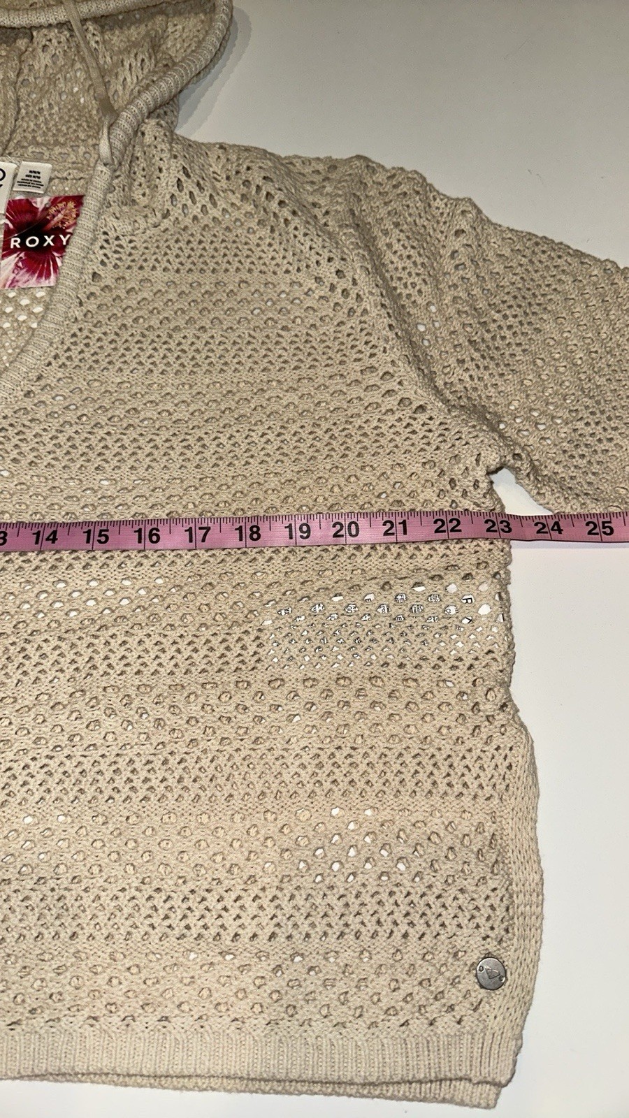NWT Roxy After Beach Break tan crochet hooded festival boho hippie poncho top M image 7