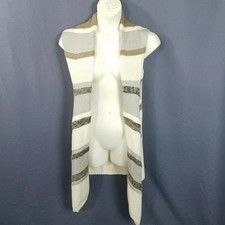 Chicos Knit Vest Med 1 Open Front Drape Cream Silver Brown Sleeveless Cardigan