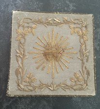 Ancien Reliquaire Cœur de Marie Ex Voto Brodé Au Fils D’or