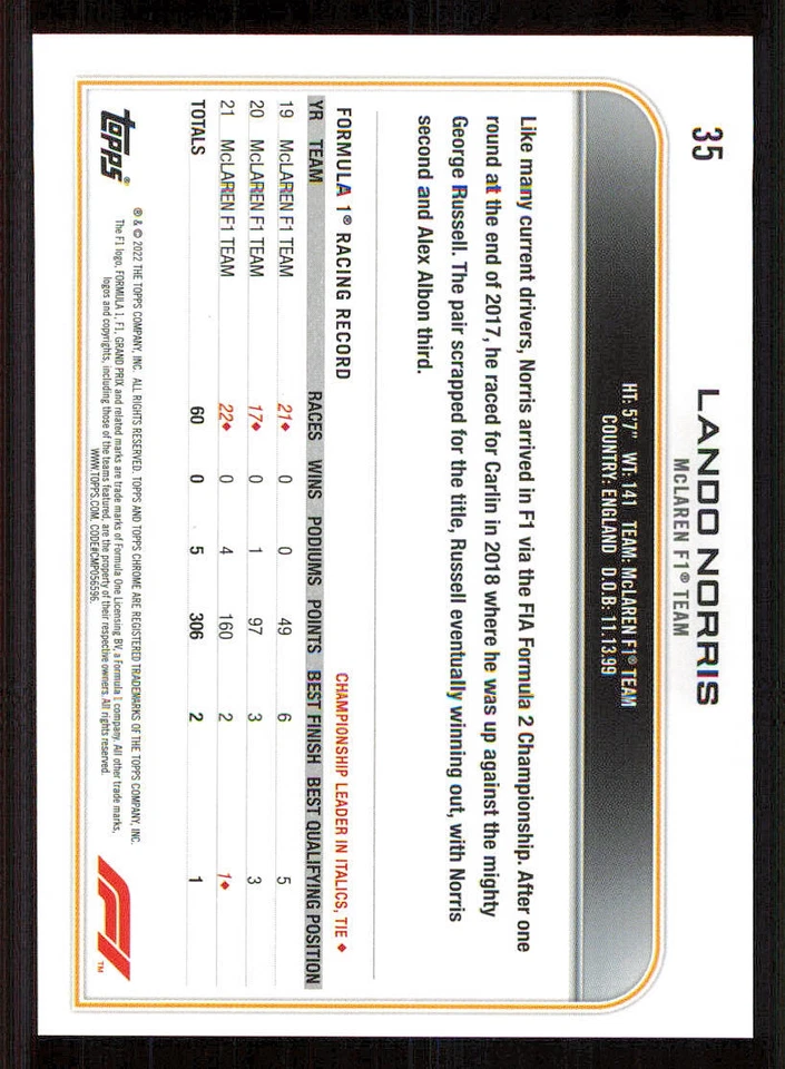 2022 Topps Chrome Formula 1 #35 Lando Norris - Image 2 of 2