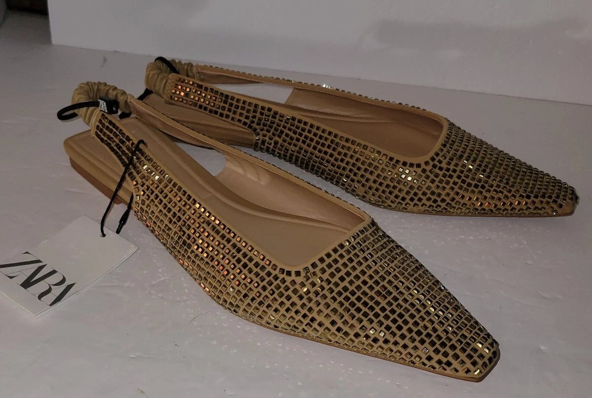 ZARA gold metallic sparkle Beaded studded Stretch Slingback Flats 40 9 NWT