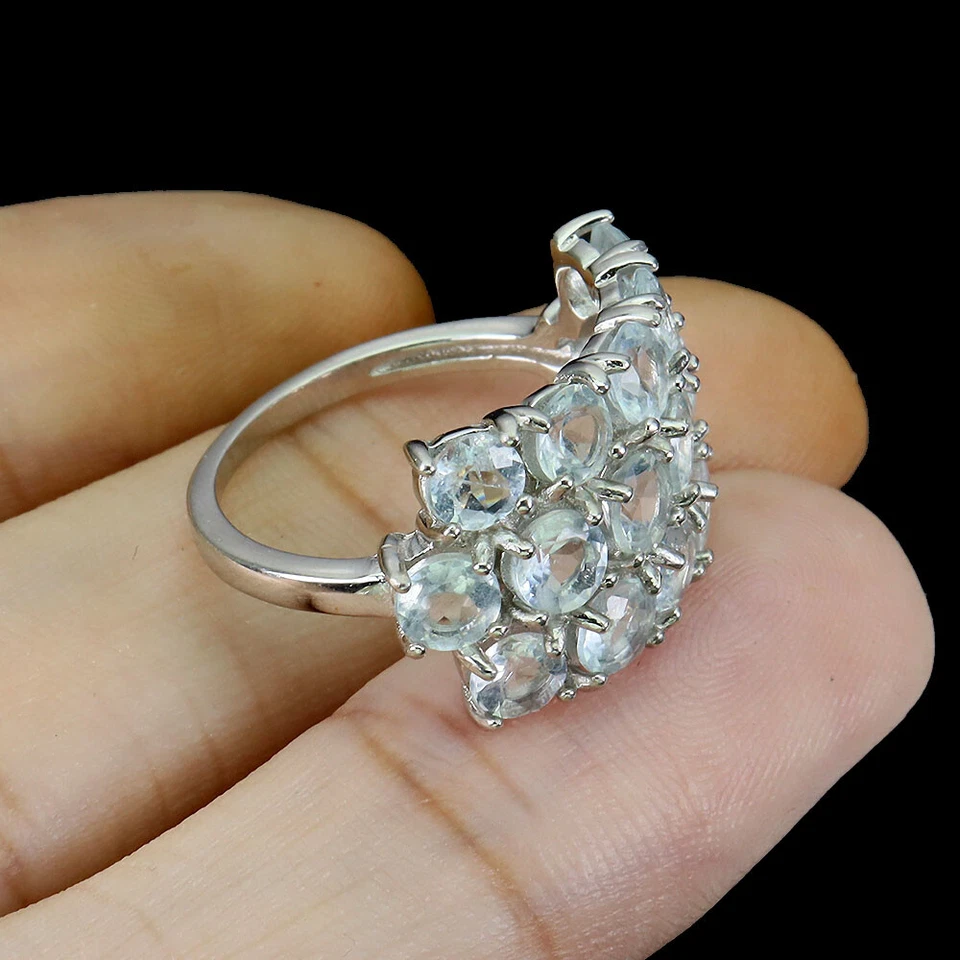 925 Sterlingsilber Ring Rund Aquamarin 4mm Natürlicher Edelstein Schmuck Größe - Bild 3 von 4