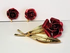 Vintage Metal Red Rose Pin and Earrings Set - Vintage Costume Jewelry Unsigned