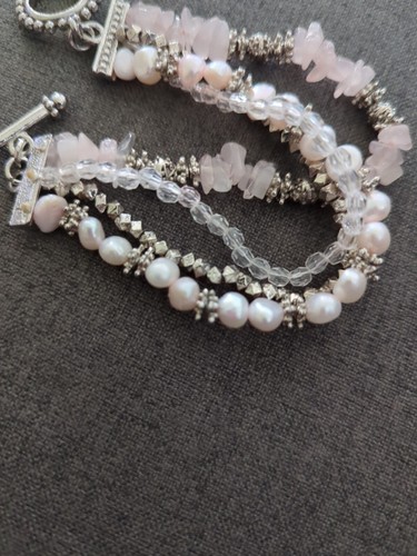 Beautiful  Chunky Bracelet With  Pink Quartz & Beads Faux Pearls.  - Afbeelding 14 van 14