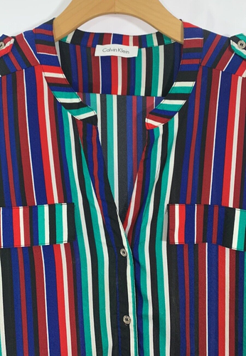 Women's Calvin Klein Striped Roll Tab Long Sleeve Button Down Blouse Shirt - Picture 2 of 11
