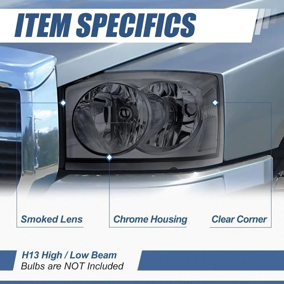PARA 05-07 DODGE DAKOTA ESTILO OE CARCASA CROMADA LENTE DE HUMO FAROS FAROS FAROS Foto 2 de 4