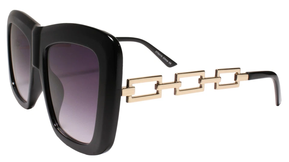 Gafas de sol negras cuadradas exageradas de gran tamaño con eslabones de cadena doradas para mujer Foto 2 de 4