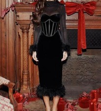 Womens 2024 New French temperament mesh Splicing Slim fit round neck long dress 