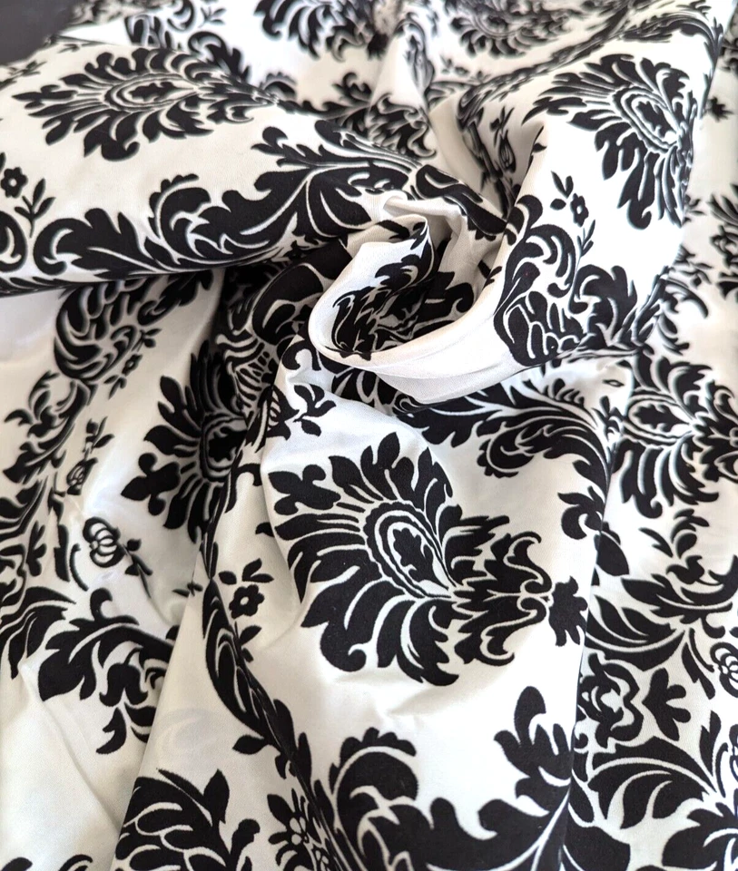 Ivory and Black Taffeta Damask with Velvet Raised Flocking Fabric - Image 3 of 4