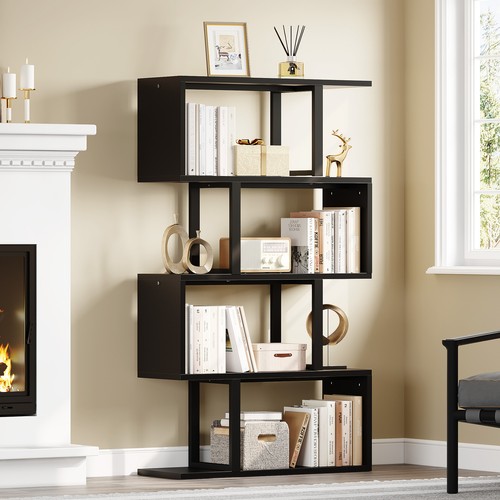 5 Tier Wood Geometric Bookcase S-Shaped Display Bookshelf Storage Room Divider