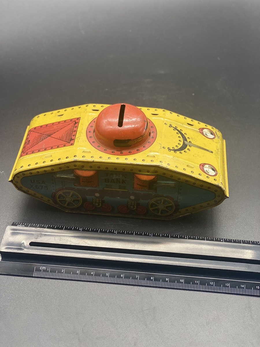 1940s Tank Bank USA X675 Tin Litho Army Military Toy Vehicle Coin