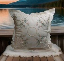 Vtg Square Scallop Edge Embroidered 100% Cotton Pink Floral Vine Throw Pillow