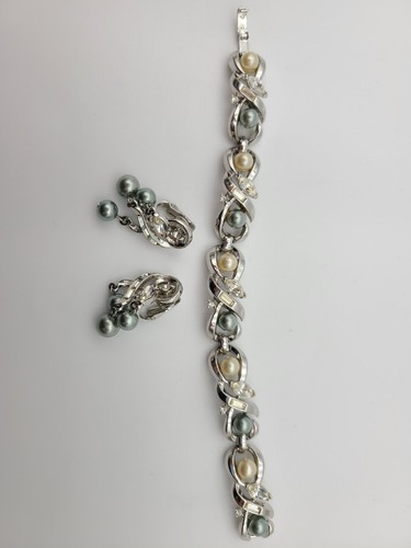 Bracciale Vintage Corona Trifari Tono Argento Link Perle Finte Abbinate Clip On Orecchini - Foto 2 di 5