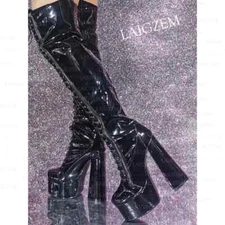 Women Over Knee Boots Platform Full Zipper Lace Up Thick High Heels Boots Shoes