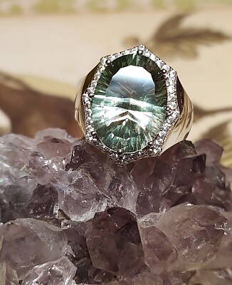 Prasiolite Ring ovaler Quantenschnitt mit weißem Zirkonhalo 0,925 silber Größe 7