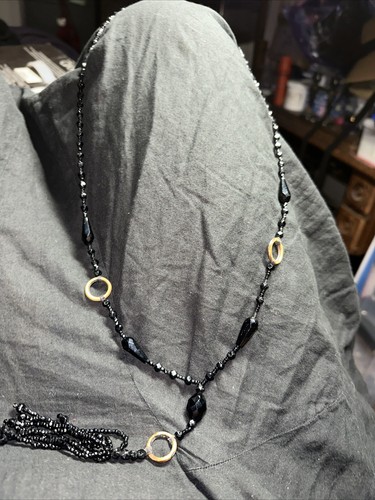Antique Satin Black Jet Crepe Beaded Mourning Sautoir Opera Length Necklace