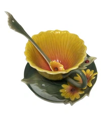Yellow Flower Cup Saucer With Spoon.