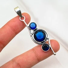 Blue Sapphire Lab-Created Pendant Gemstone Handmade 925 Sterling Silver Jewelry