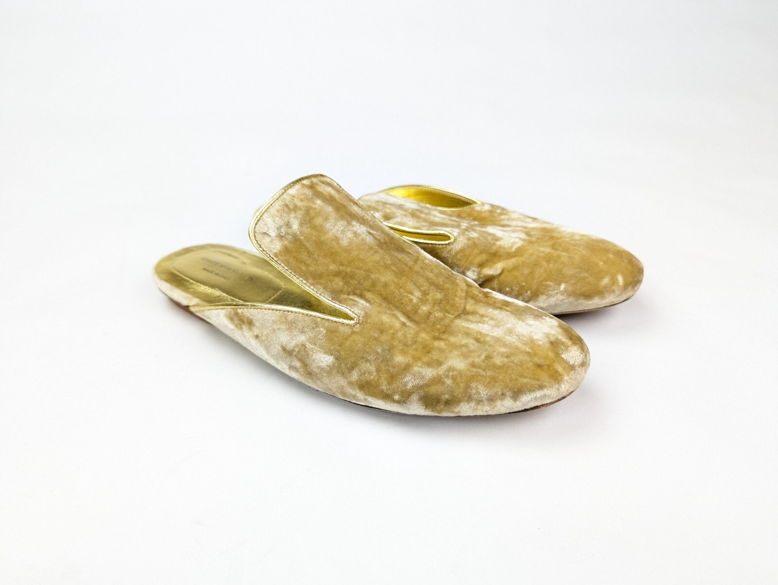 PANTOFOLA D’ORO INDOSSATE 1x Pantofole Dries Van Noten Taglia EU 36 US 6 Oro Metallico Velluto Piatte Mule