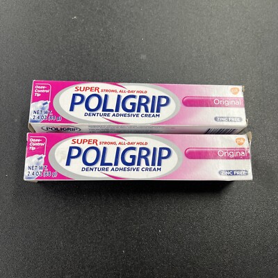 2 Tubes Super POLIGRIP Original Denture Adhesive Cream 2.4 oz each NEW