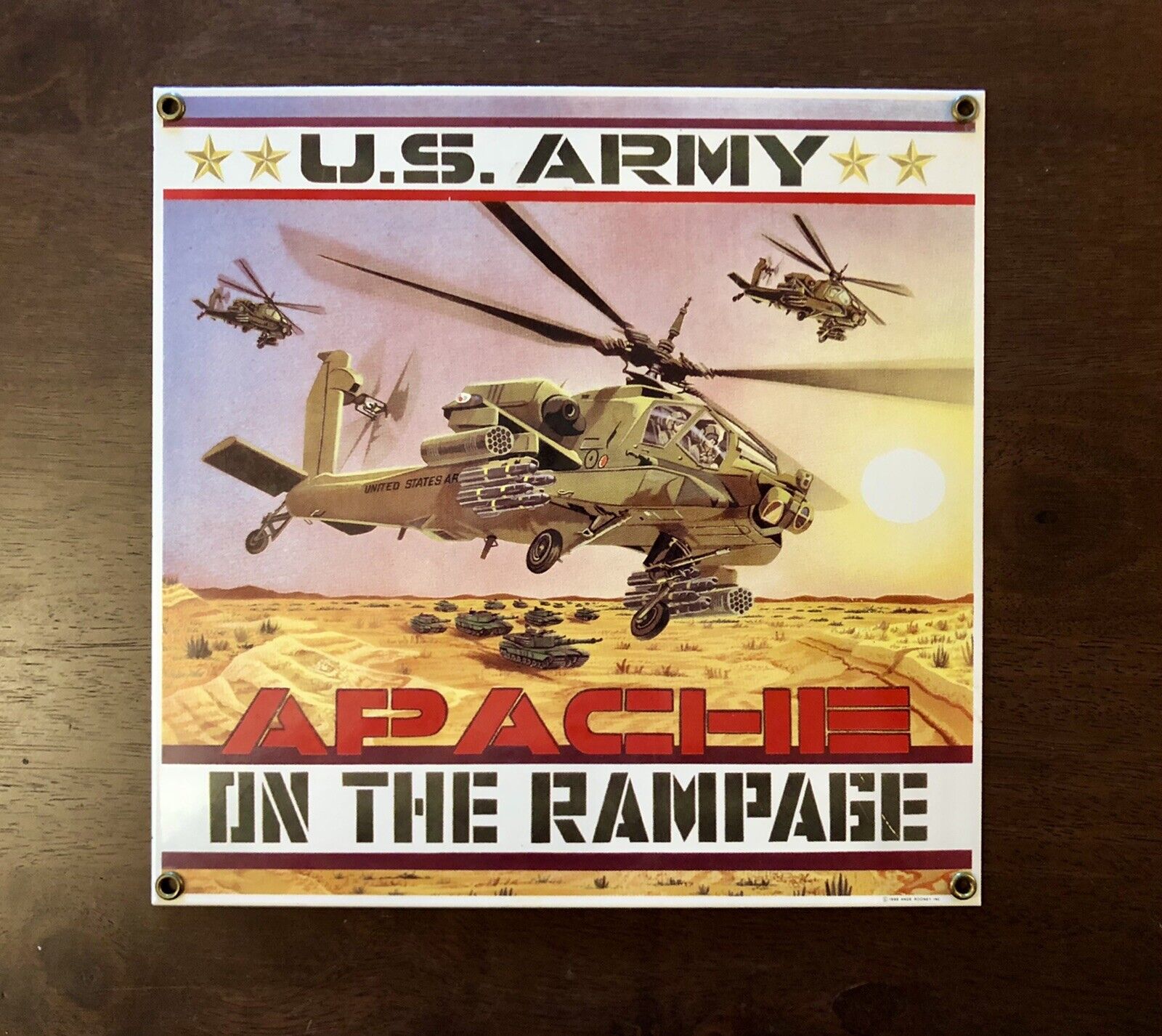 Ande Rooney Porcelain US ARMY APACHE “On The Rampage” Sign Made in USA