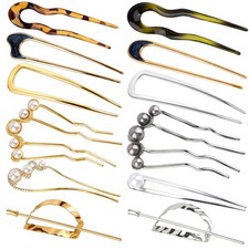 12 PCS French Twist Hair Pins U-Shaped Pearl Bun Updo Styling Metal Fork Clip