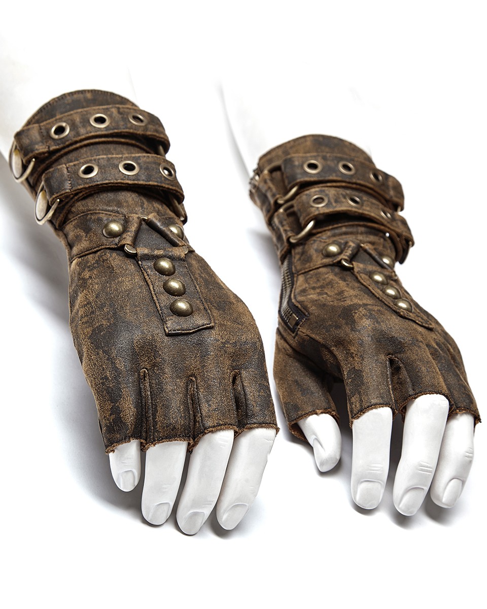 Punk Rave Mens Steampunk Fingerless Gloves Brown Copper Gothic