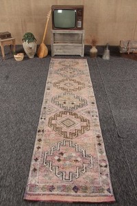 2,7x11,4 ft Runner Turkish Rug, Vintage Rug, Pink Brown Ombré Wool Rug