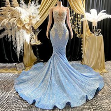 Blue Mermaid Long Prom Dresses Sheer Sequins Beaded Birthday Party Evening Gowns